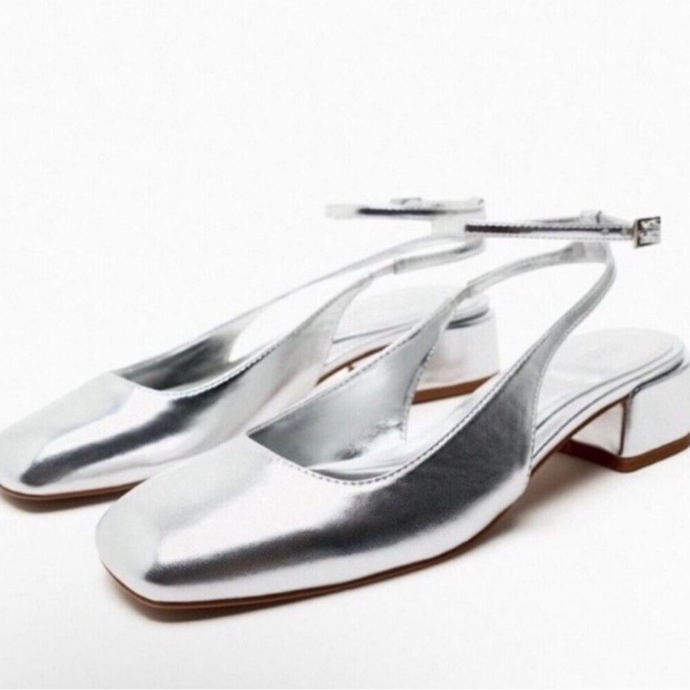 Zara Silver Block Heel Ballerina Square Toe NWT